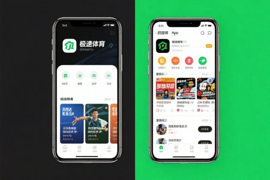 智能手机屏幕上展示极速体育App的官方界面和山寨应用对比,官方界面简洁明了,山寨应用界面杂乱